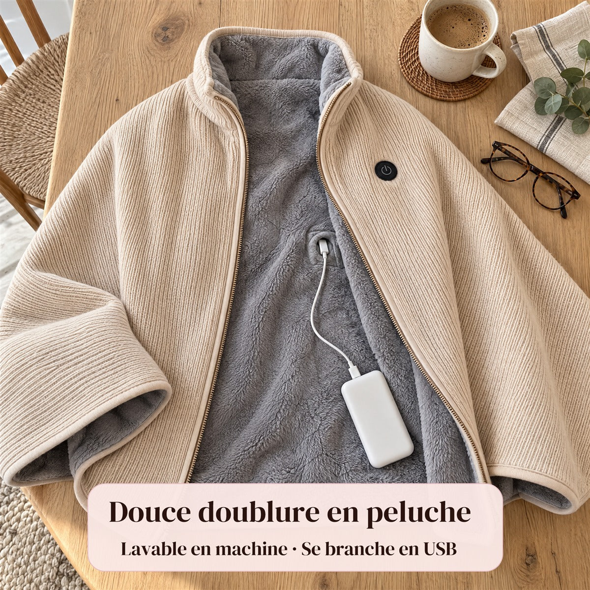 Douce doublure en peluche, lavable en machine, branchement USB