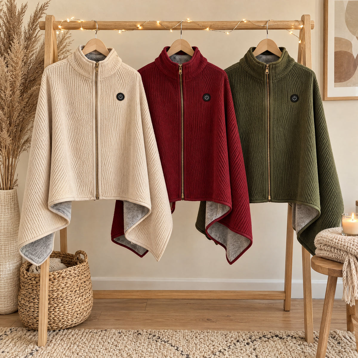 Les 3 couleurs : beige, bordeaux, vert olive