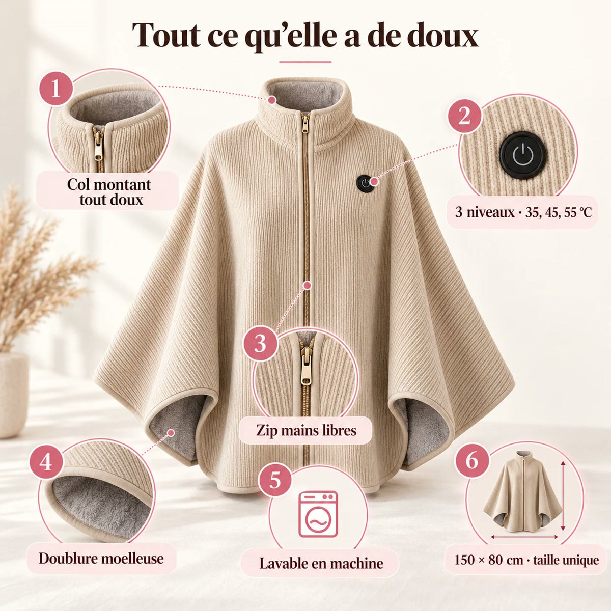 Tout ce qu'elle a de doux : col montant, 3 niveaux 35/45/55 °C, zip mains libres, doublure moelleuse, lavable, 150 x 80 cm